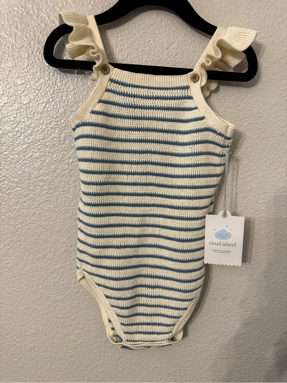 cloud island Cream and Blue Striped Ruffle-Shoulder Knit One-Piece
